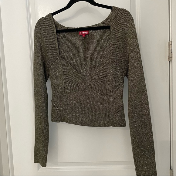 STAUD Cerro Metallic Ribbed-Knit Bustier Top Large.      13 - Picture 3 of 8